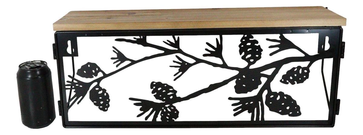 Western Rustic Forest Woodlands Pinecones Metal Cutout Wall Hanging Wood Shelf