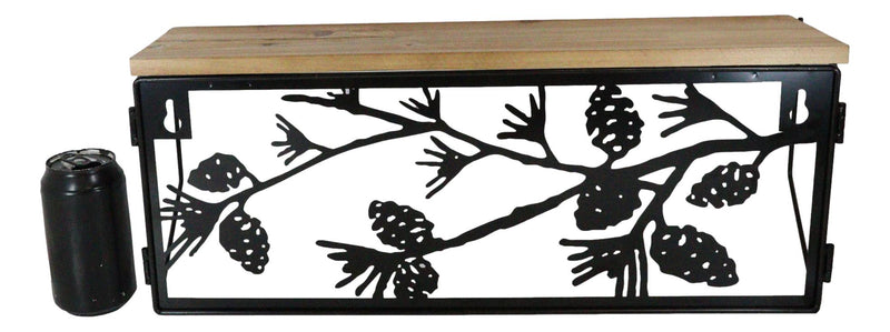 Western Rustic Forest Woodlands Pinecones Metal Cutout Wall Hanging Wood Shelf