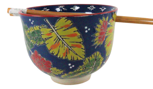 Pack Of 2 Colorful Summer Leaves Ramen Noodles Soup Bowl With Bamboo Chopsticks