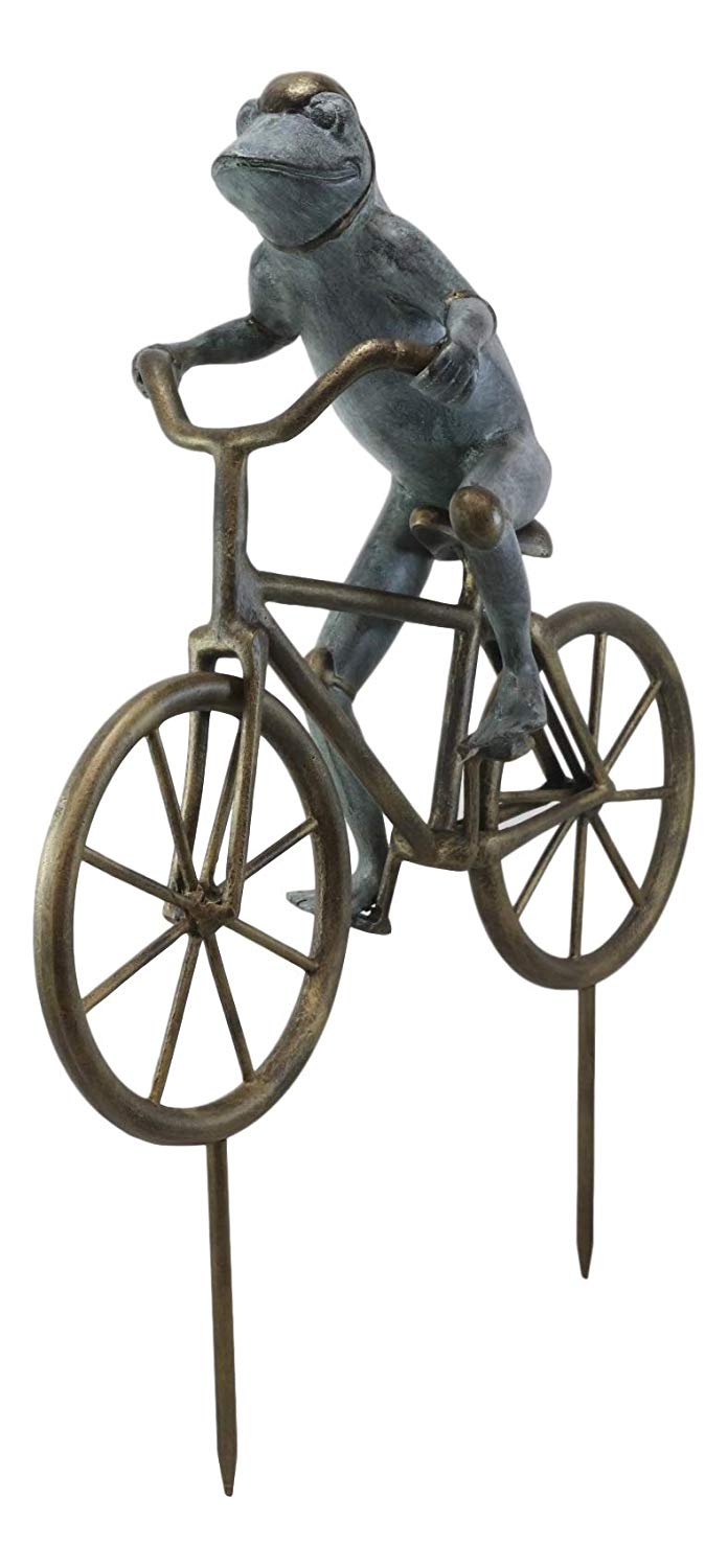 Ebros Gift 26.75" Tall Aluminum Metal Whimsical The Expedition Bicycling Frog with Helmet Garden Stake Statue Frogs Patio Pool Pond Lawn Yard Decorative Sculpture Feng Shui Zen Accent - Ebros Gift