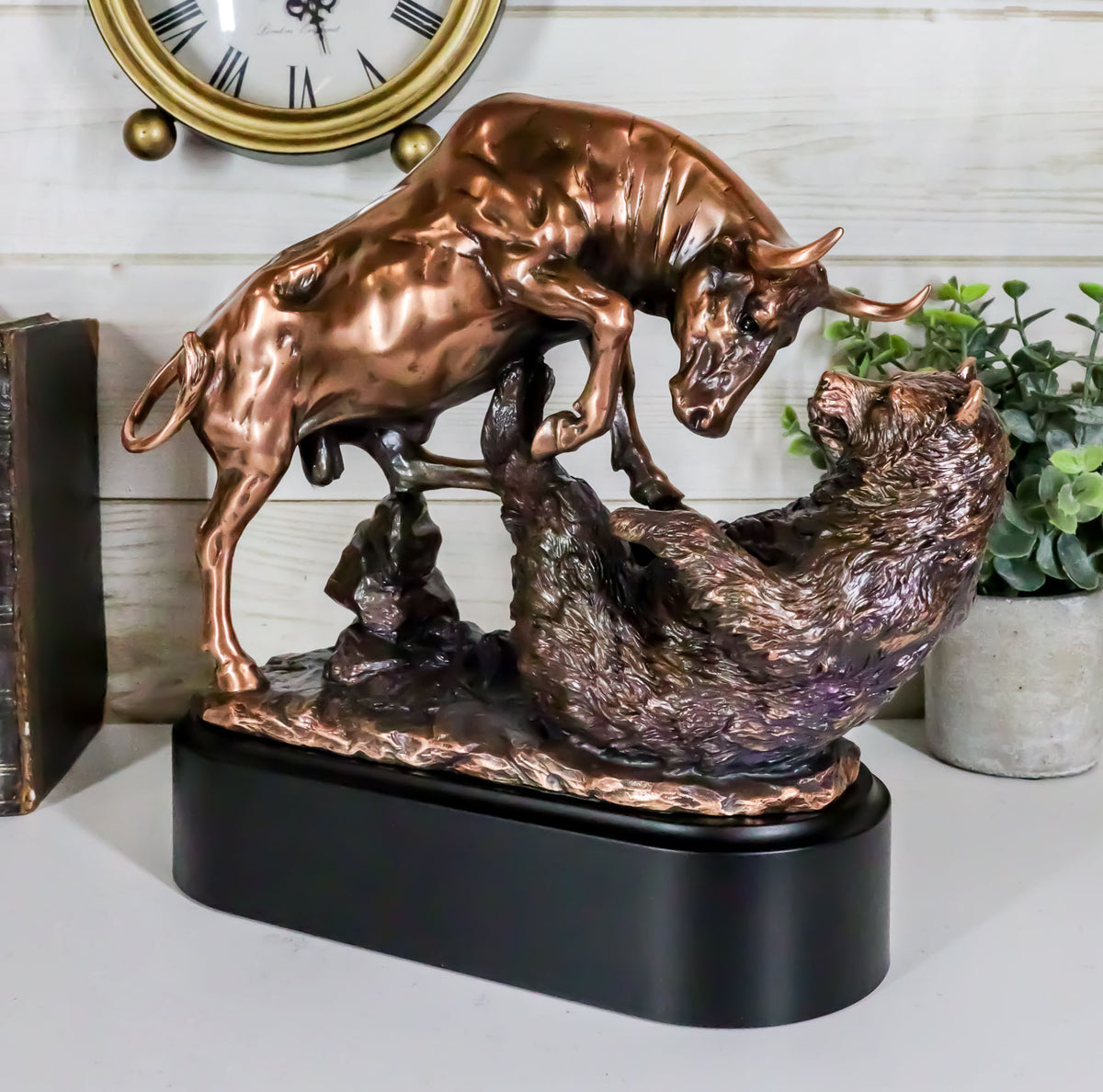 Wall Street Stock Market Charging Bull Trouncing Bear Statue With Pedestal Base