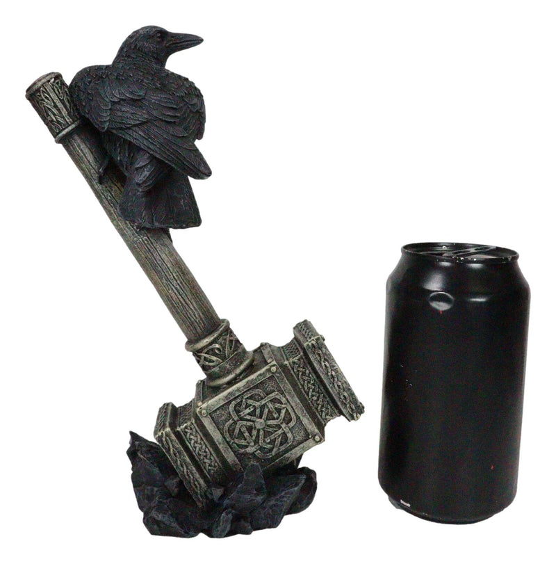 Odin Raven Perching On Thor Hammer Mjolnir With Viking Runes Skaldenmet Figurine