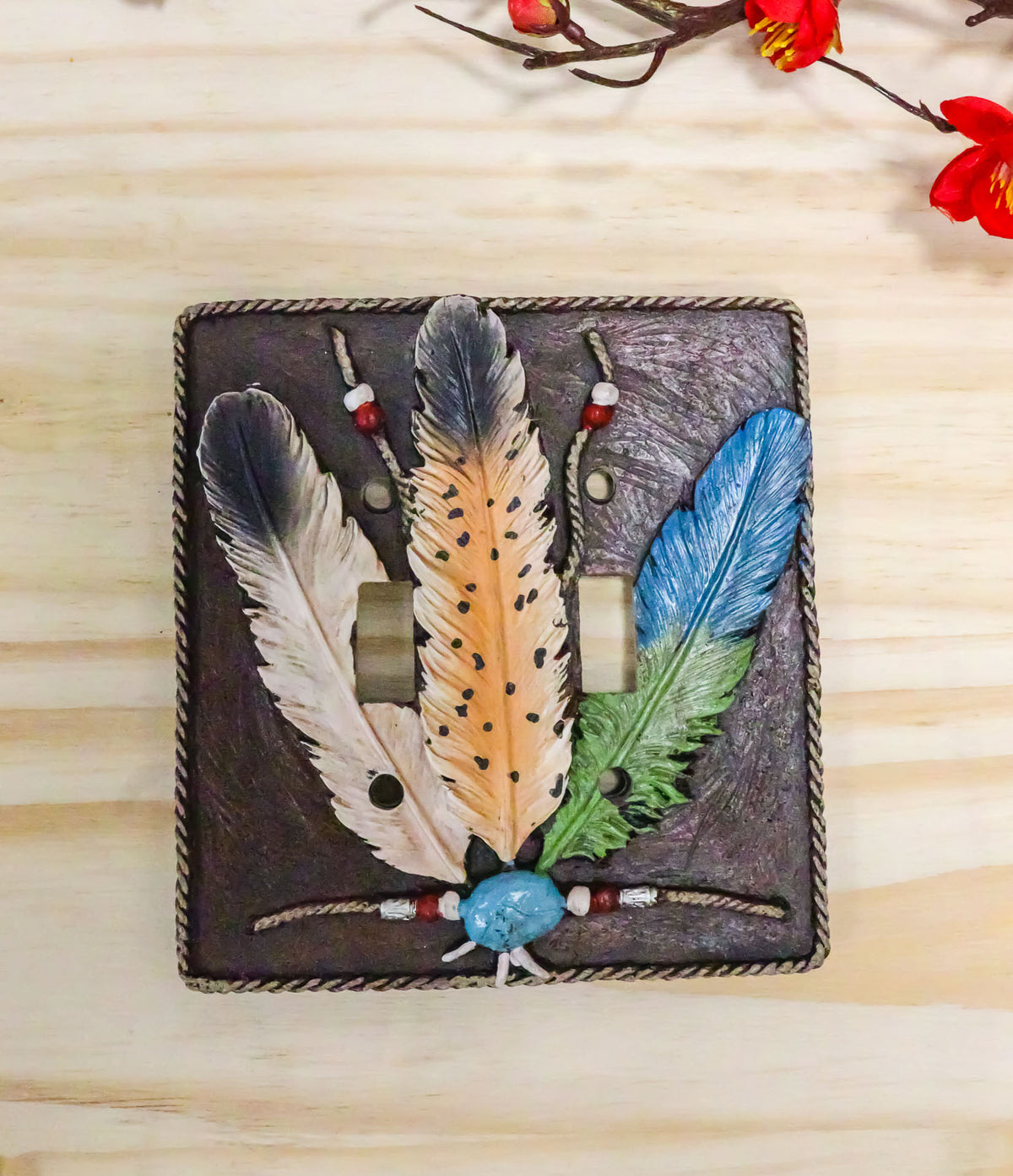 Ebros Southwestern Native 3 Feathers Double Toggle Switch Plate Cover Set Of 2 - Ebros Gift