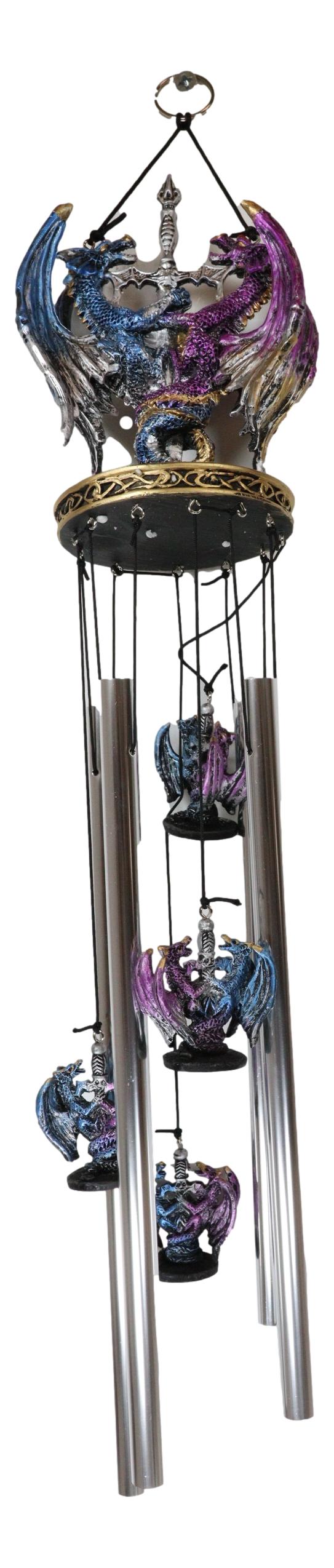 Yin Yang Day and Night Twin Dragons Excalibur Sword Wind Chime Home Patio Decor - Ebros Gift