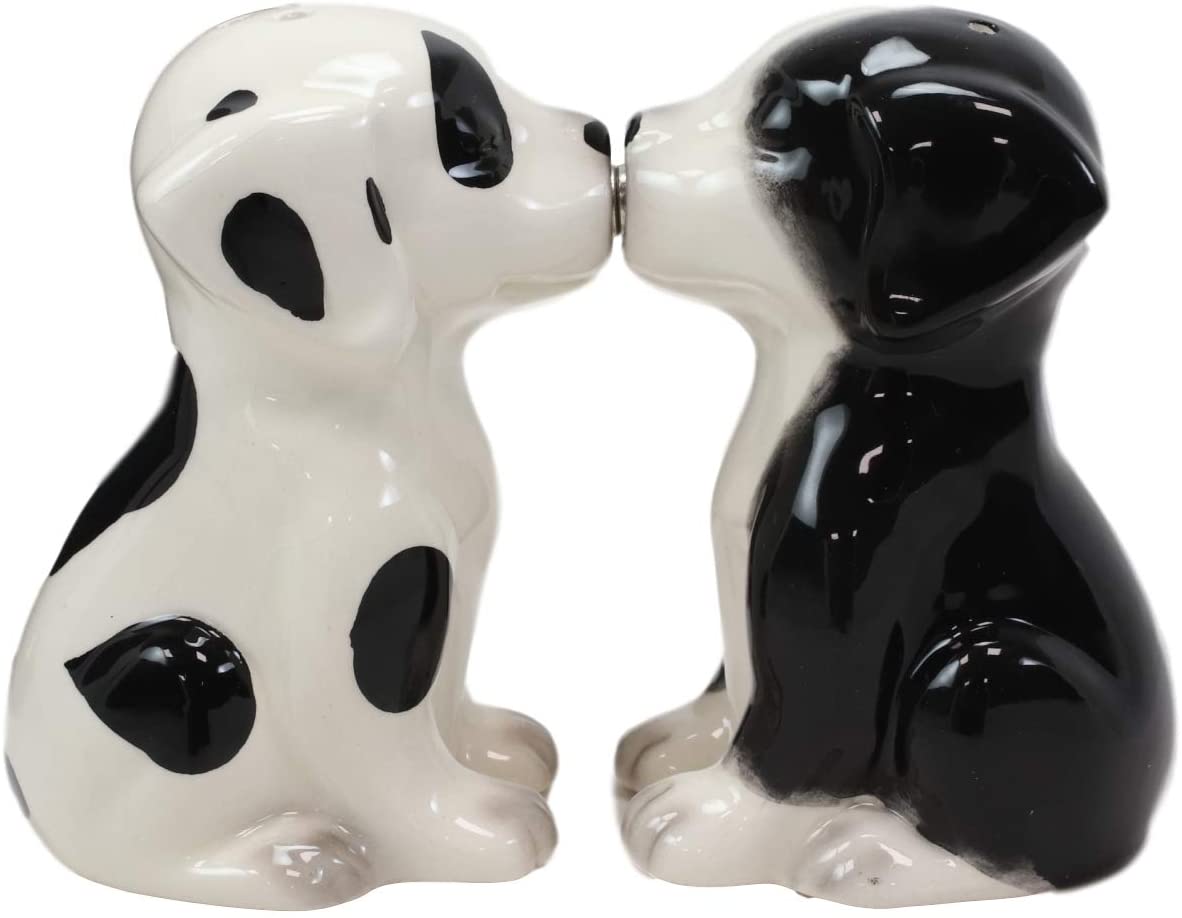 Ebros Ceramic Black & White Mutt Puppy Dogs Kissing Salt And Pepper Shakers Set