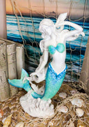 Nautical Capiz Blue Tailed Siren Mermaid Listening To Sea Conch Statue 11.75"H