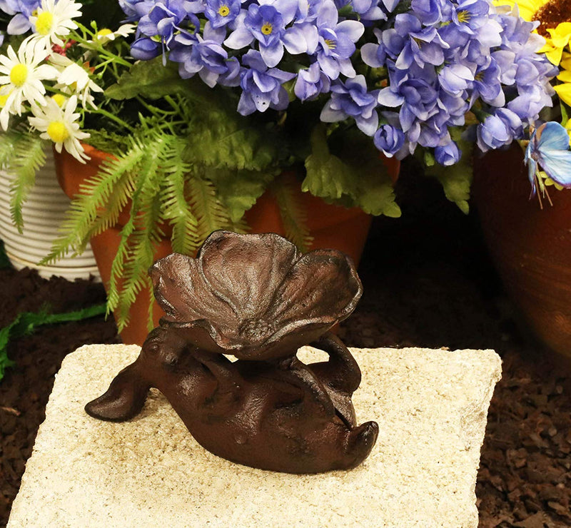 Ebros Gift Cast Iron Whimsical Bunny Rabbit Suspending Flower Petals Dish Bowl Garden Bird Bath Feeder Decor Statue 7.25" Long for Pool Patio Lawn Outdoors Decorative Accent
