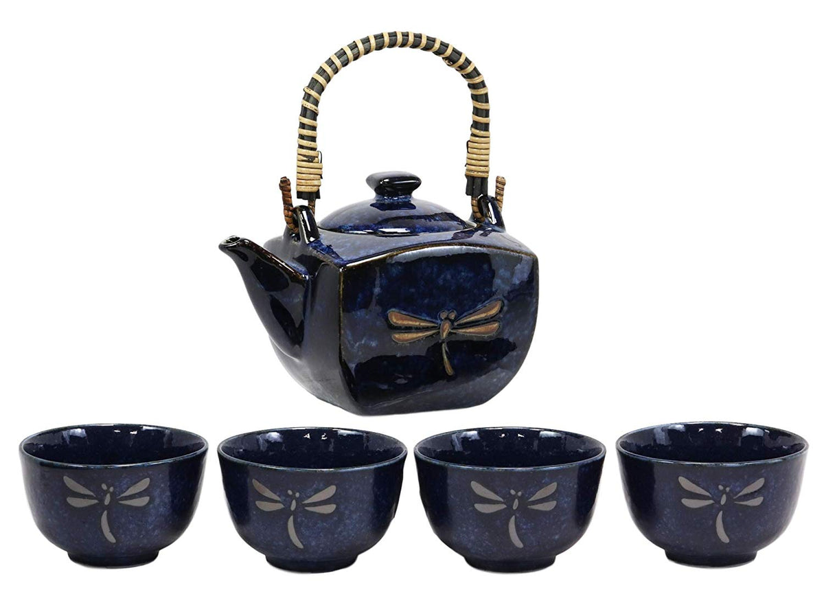 Ebros Japan Made Tombo Dragonfly Midnight Blue 20oz Porcelain Tea Pot & Cups Set - Ebros Gift