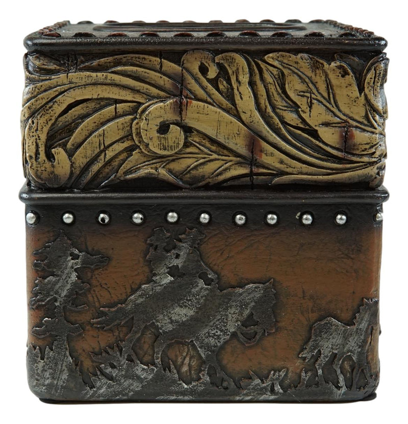 Rustic Western Wild Horses With Floral Gold Patterns Tissue Box Cover Figurine