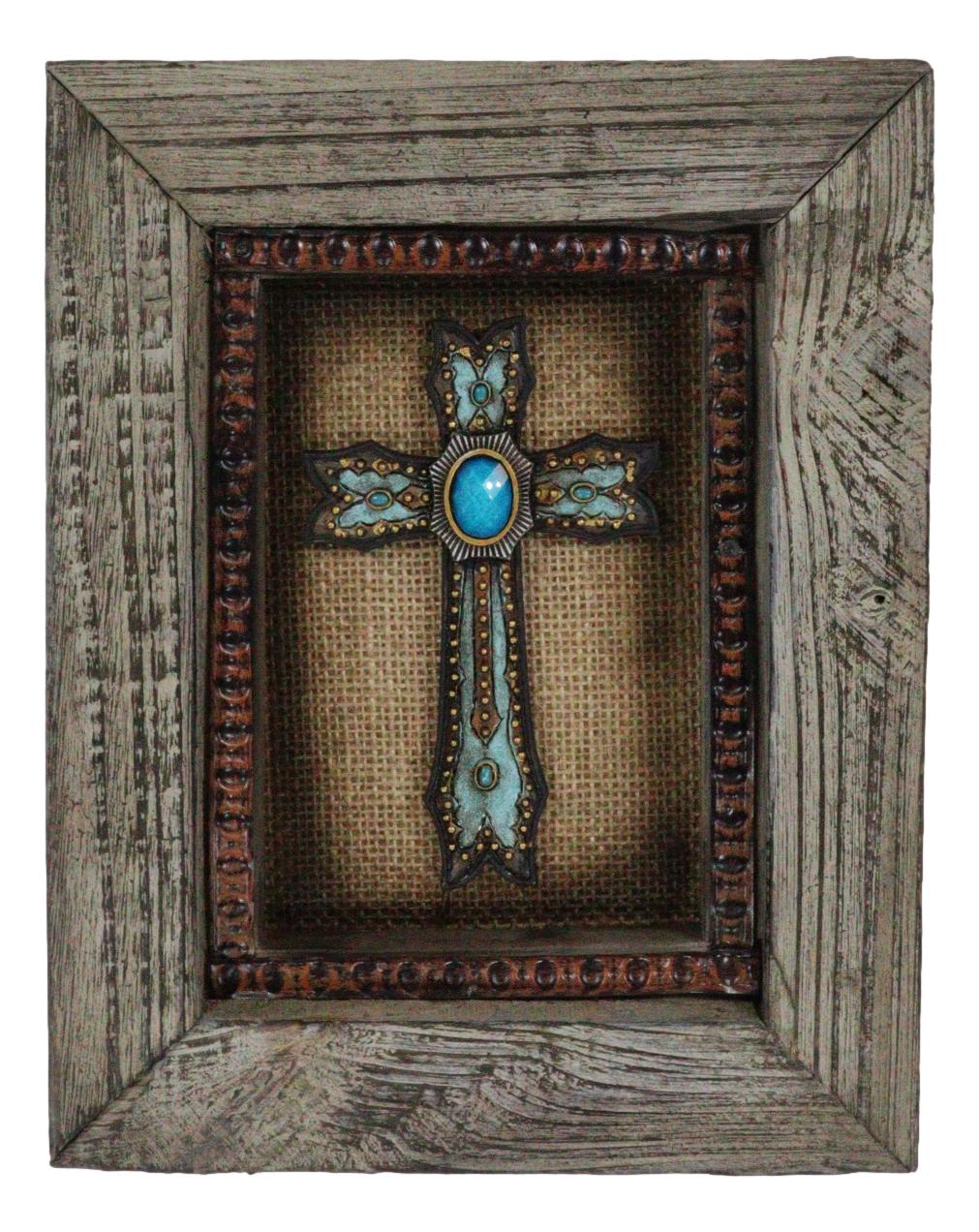 Pack of 4 Rustic Western Turquoise Gems Horseshoe Cross Wood Framed Wall Decors