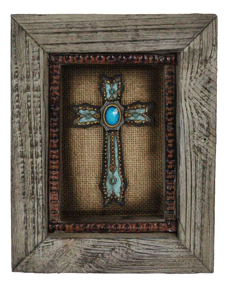 Pack of 4 Rustic Western Turquoise Gems Horseshoe Cross Wood Framed Wall Decors