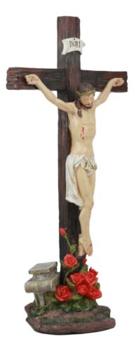 Ebros Jesus Christ On The Cross With Rose of Sharon Base Decorative Crucifix Statue - Ebros Gift