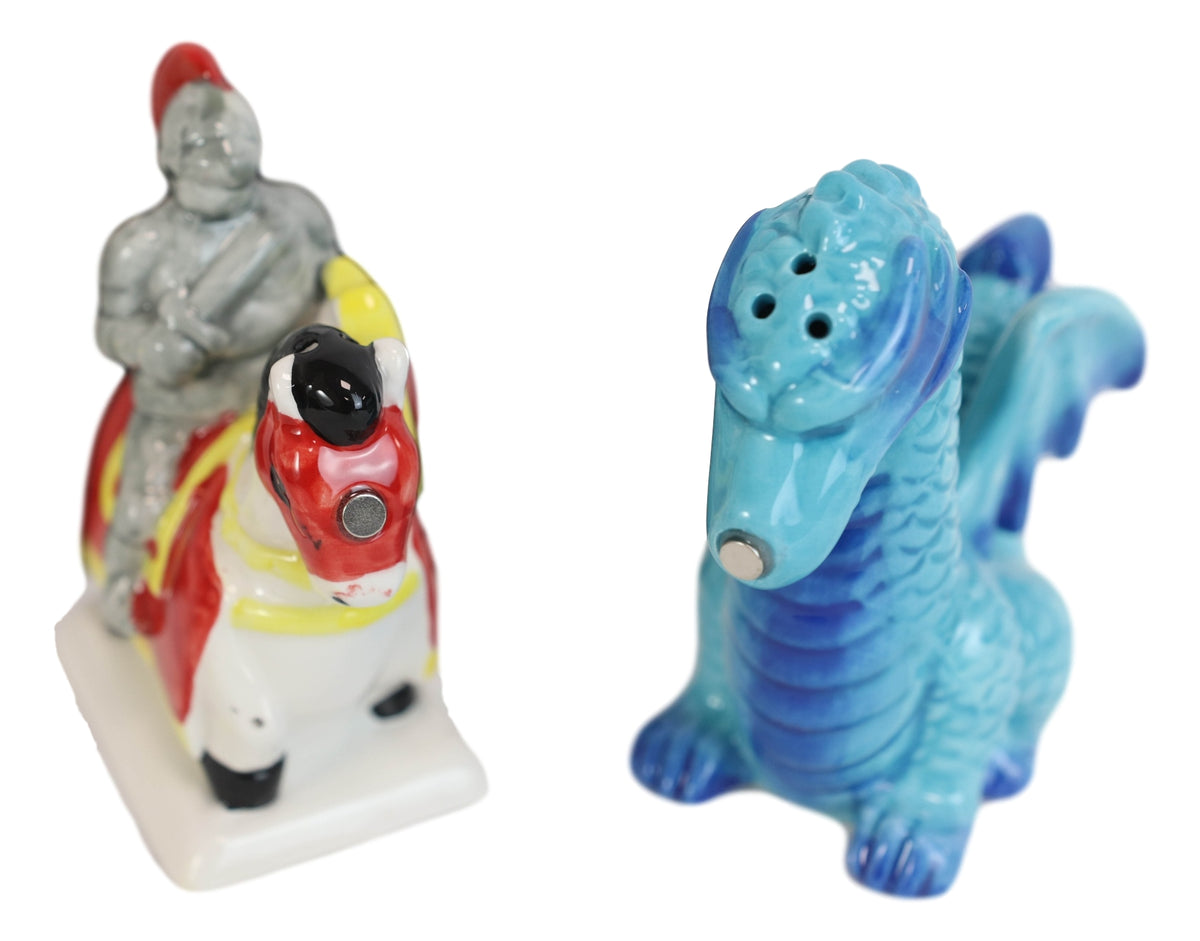 Ceramic Saint George The Knight And Blue Dragon Salt Pepper Shakers Figurine Set