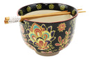 Colorful Floral Summer Blossoms On Black Ramen Soup Bowl With Chopsticks Set