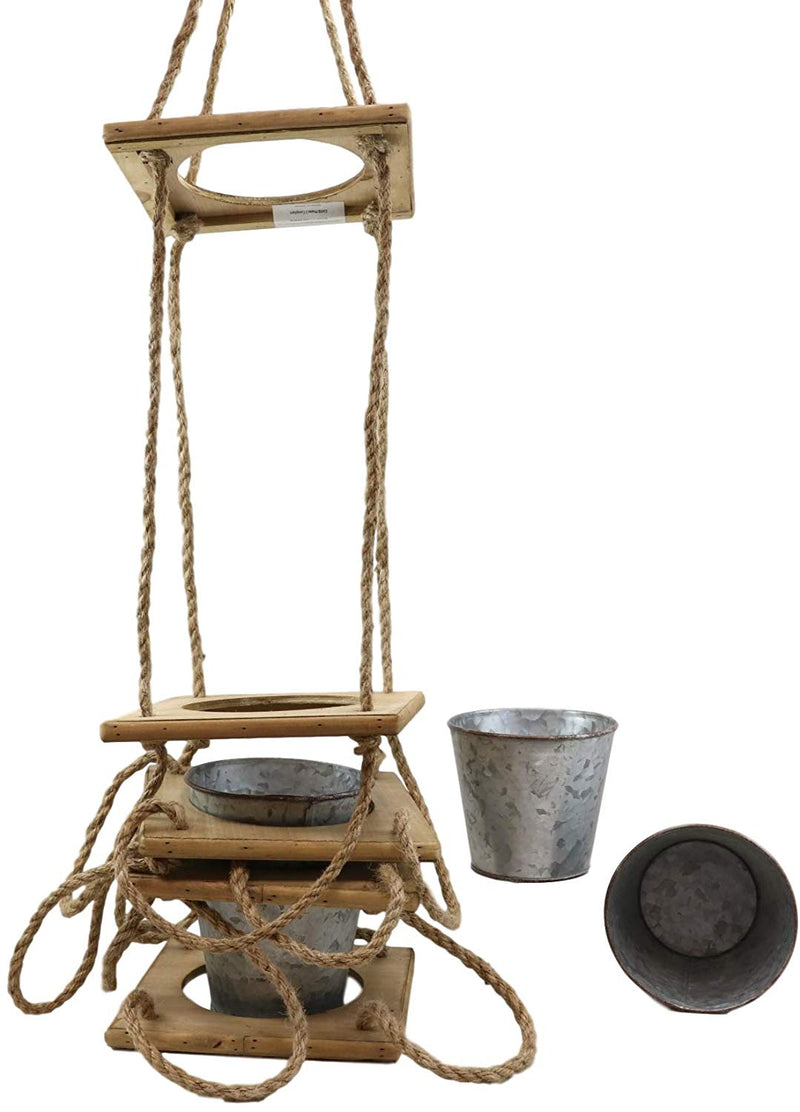 Set of 2 Rope Hanging Galvanized Metal 5 Tier Pot Planters For Indoors Outdoors