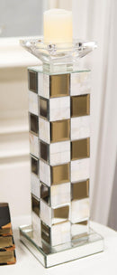 Modern Beveled Mirrors Capiz Shells Checkered Pillar Candle Holder Decor 15"