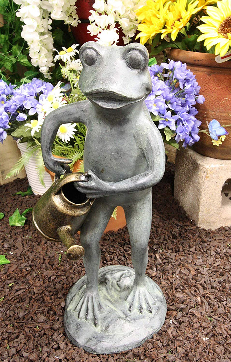 Ebros Gift 19" Tall Aluminum Metal Green Thumb Whimsical Gardening Frog with Watering Can Garden Statue Frogs Spring Summer Pastime Patio Pool Pond Lawn Yard Decorative Rustic Sculpture Accent