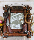 Rustic Western Cowboy Hat Rifle Boot Spur Horseshoes Lasso Ropes Picture Frame