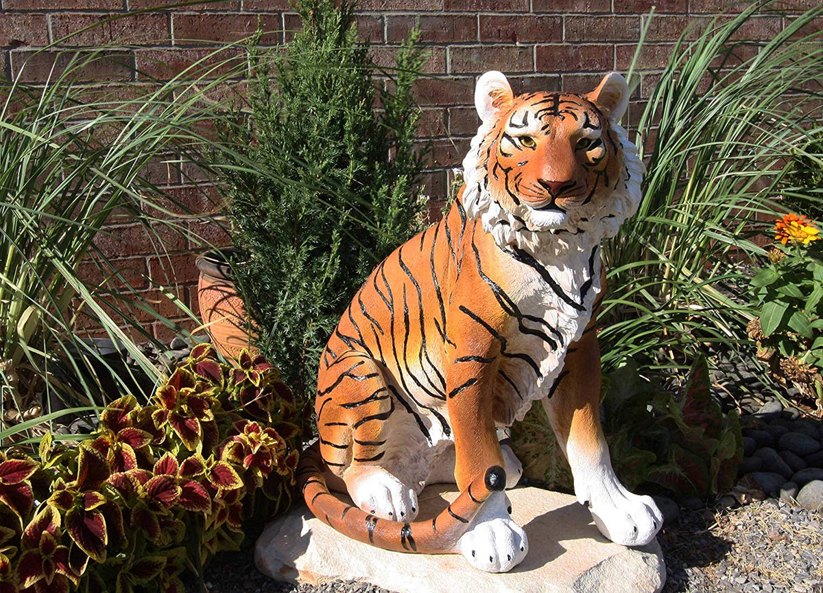 20"Tall Orange Bengal Tiger Raja Sitting On Guard Decorative Garden Statue - Ebros Gift