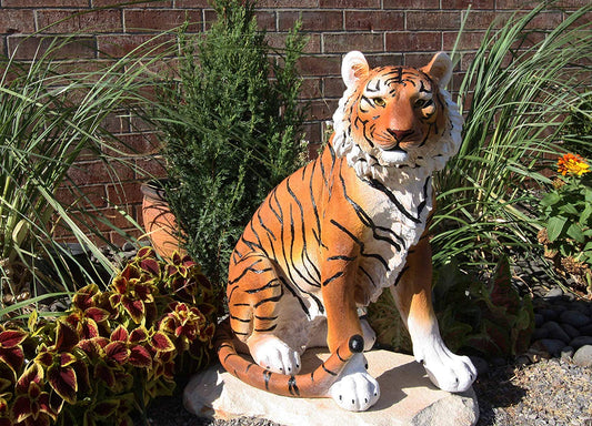 20"Tall Orange Bengal Tiger Raja Sitting On Guard Decorative Garden Statue - Ebros Gift