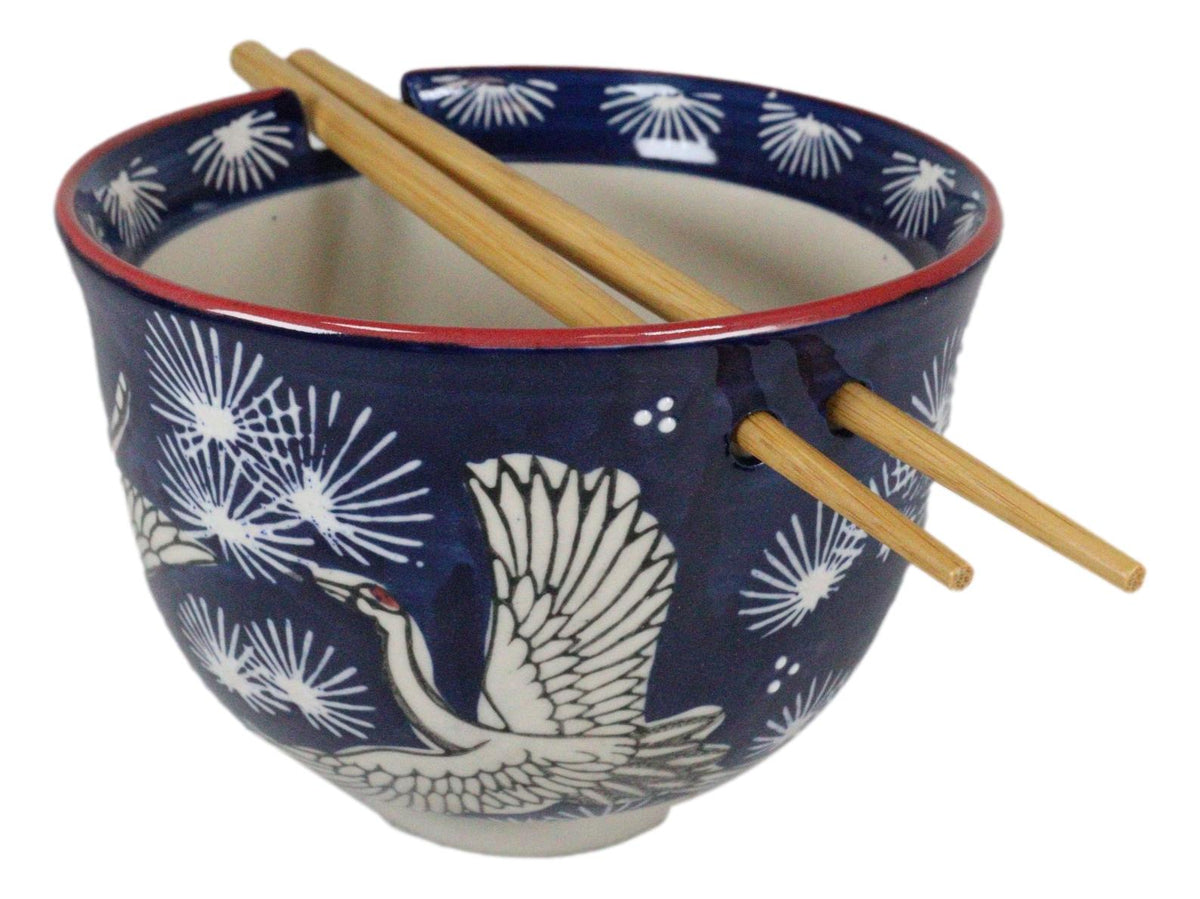Japanese White Storks In Dark Blue Sky Ramen Soup Bowl With Chopsticks Set