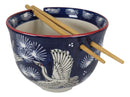 Japanese White Storks In Dark Blue Sky Ramen Soup Bowl With Chopsticks Set