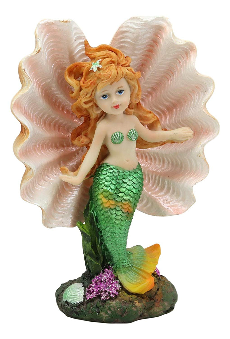Ebros 6.75"H Colorful Nautical Mermaid Mergirl With Giant Shell And Green Tail Statue