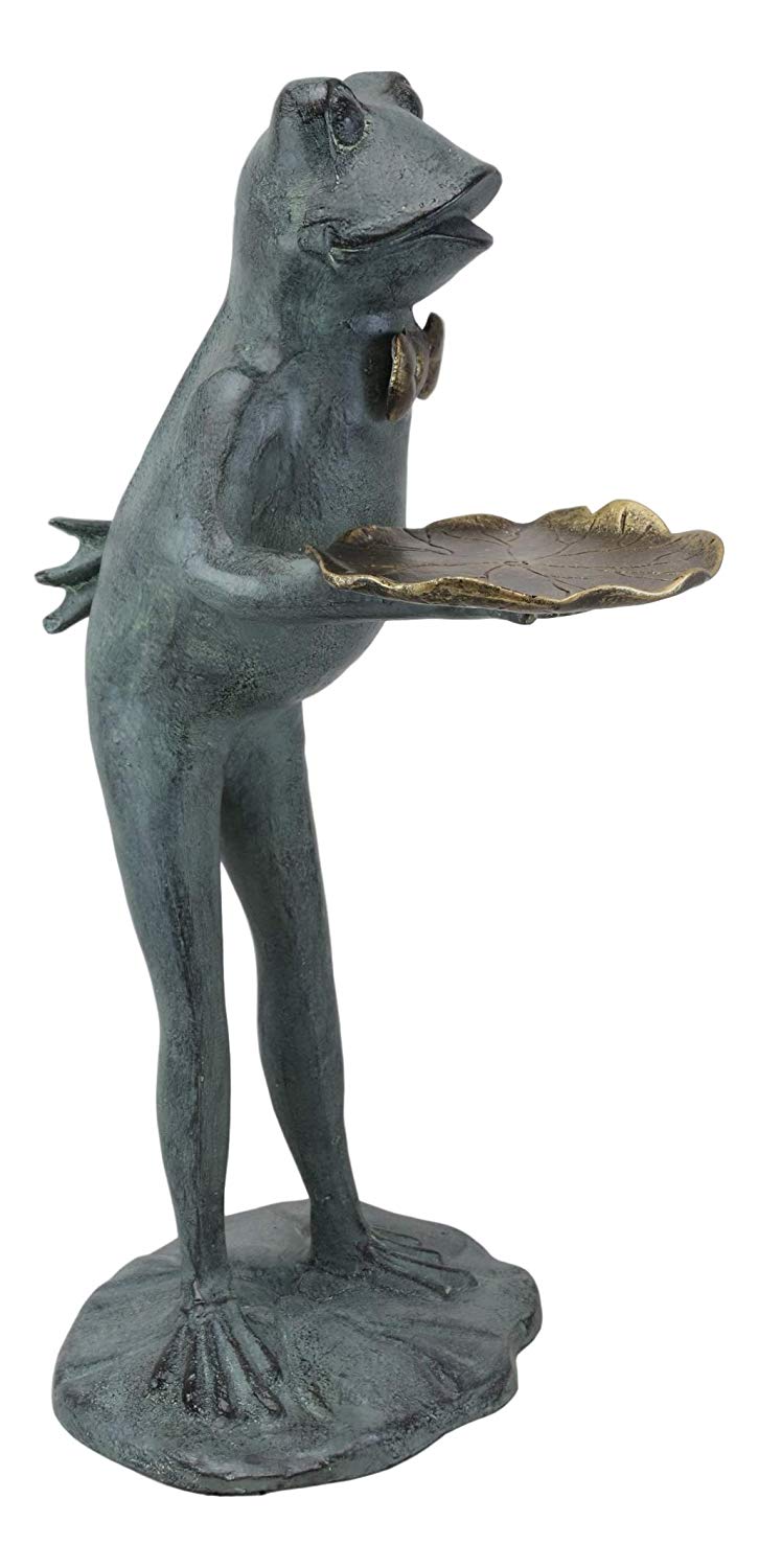 Ebros Gift 20" Tall Aluminum Rustic Whimsical Green Frog with Bow Tie Waiter Butler Garden Side Tray Table Or Bird Feeder Statue Decorative Frogs and Toads Zen Feng Shui Accent Decor - Ebros Gift