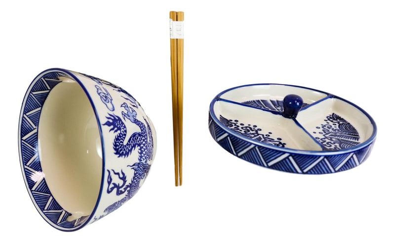 Blue White Dragon Ramen Bowl With Tempura Divider Condiment Lid Chopsticks Set