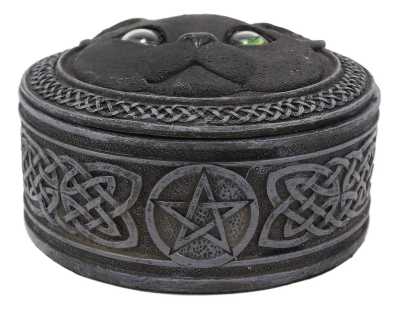 Ebros Celtic Pentagram Knotwork Black Cat With Rolling Green Eyes Round Decorative Box