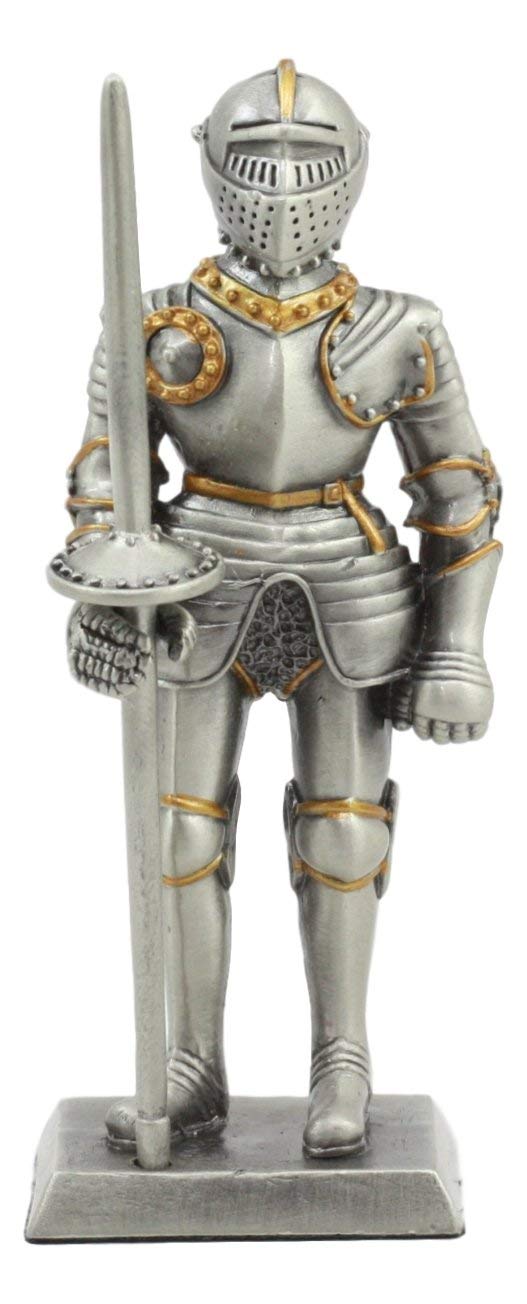 Ebros Pewter English Knight Statue 4" H Medieval Suit Of Armor Knight With Javelin Pole-arm Pewter Figurine Collectible