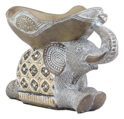 Ebros Gold Mosaic Design Elephant Laying Down W/ Trunk Up Holding Bowl Decor