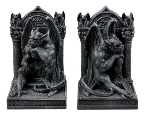 Medieval Age Gothic Sculptural The Thinker Gargoyle Bookends Figurine Set 6.25"H
