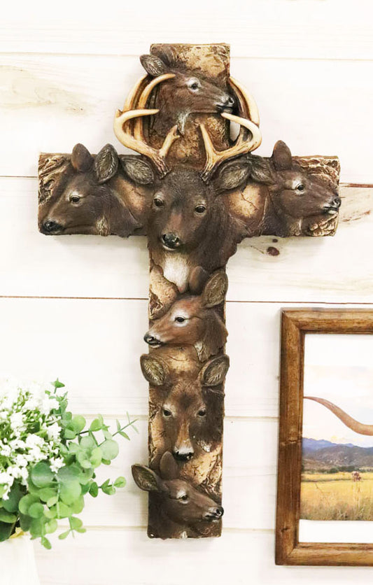 Rustic Western Wildlife Deer Stag with Antlers And Does Family Wall Cross Plaque