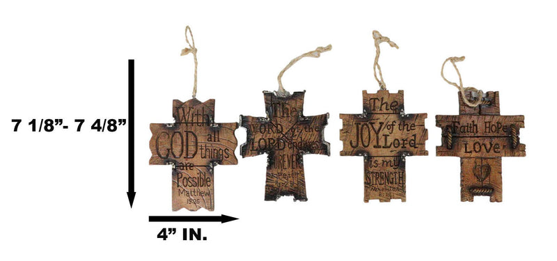 Set Of 4 Rustic Christian Bible Verses Faux Wood Christmas Tree Cross Ornaments