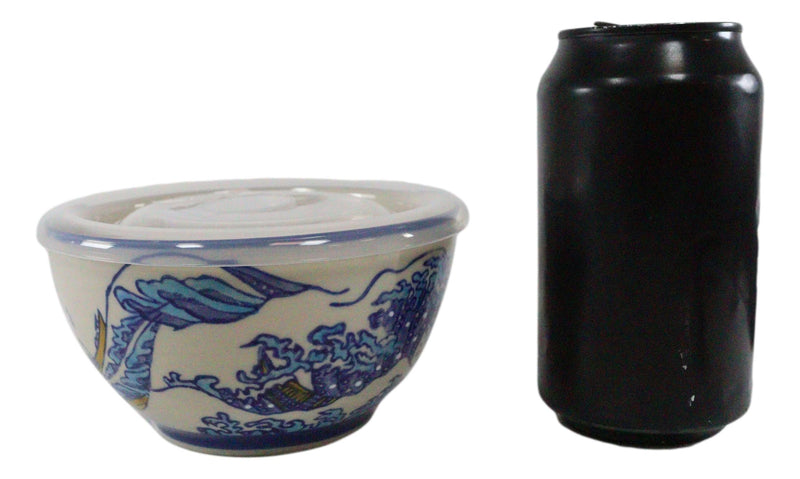 Ebros Set of 2 Ceramic Hokusai Great Wave Portion Meal Bowls 2 Cups W/ Airtight Lid
