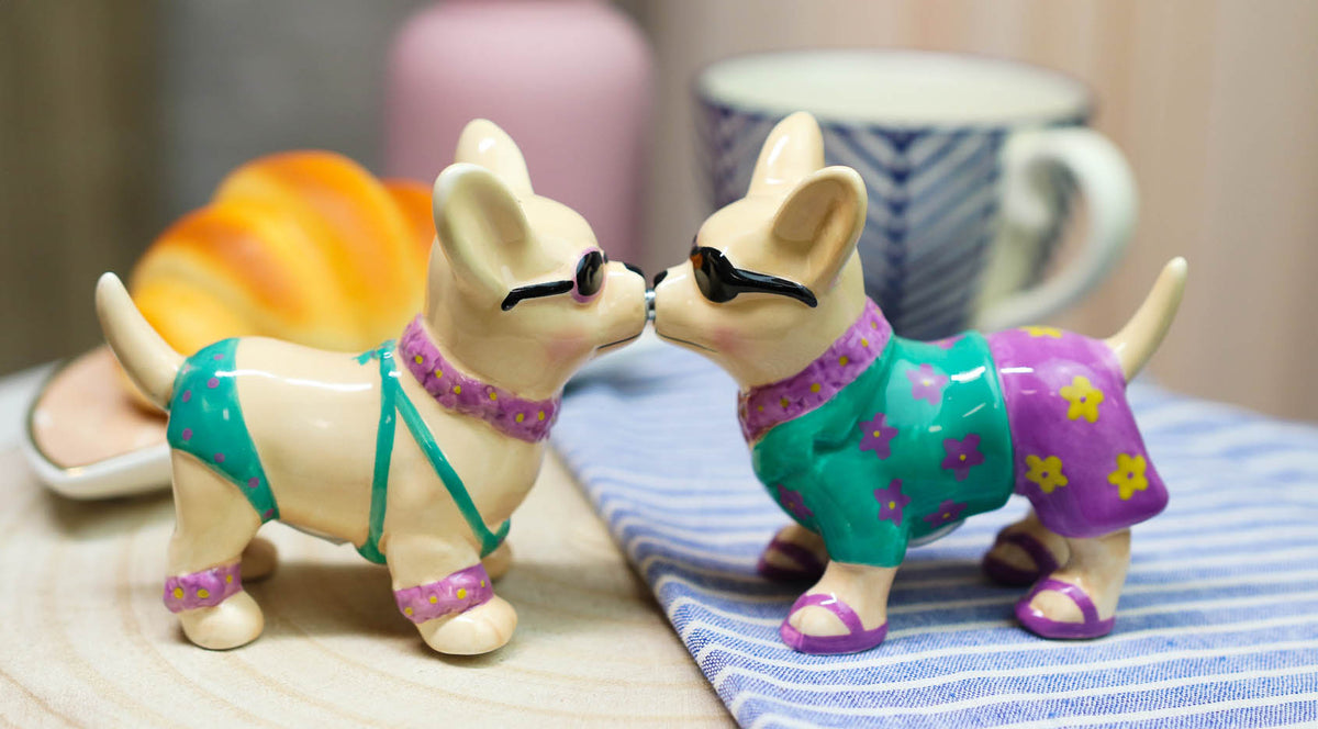 Ebros Beach Honeymoon Lovers Kissing Chihuahua Dogs Ceramic Salt Pepper Shakers Set - Ebros Gift