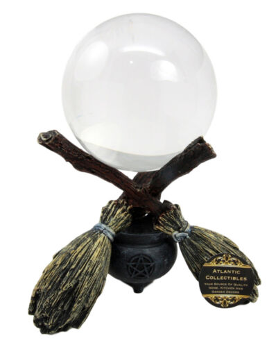 Ebros Scrying Witch Crystal Glass Gazing Ball On Broomsticks and Potion Cauldron Figurine 8" H Witchcraft Wicca Wiccan Witches Decor Halloween Sculpture Decorative