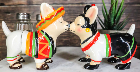 Kissing Mexican Chihuahua Dogs With Sombrero Hat Ceramic Salt And Pepper Shakers - Ebros Gift