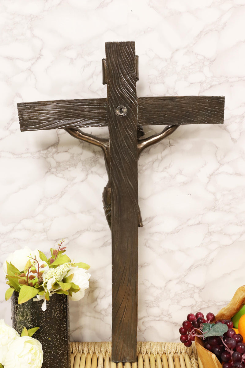 Large Faux Bronze 30"H INRI Jesus Christ On Cross Wall Hanging Crucifix Plaque