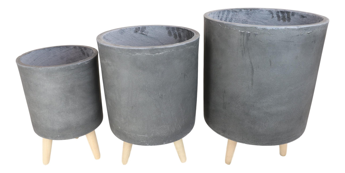 Set of 3 Contemporary Grey Fiber Clay Cylindrical Planter Pots With Wooden Feet