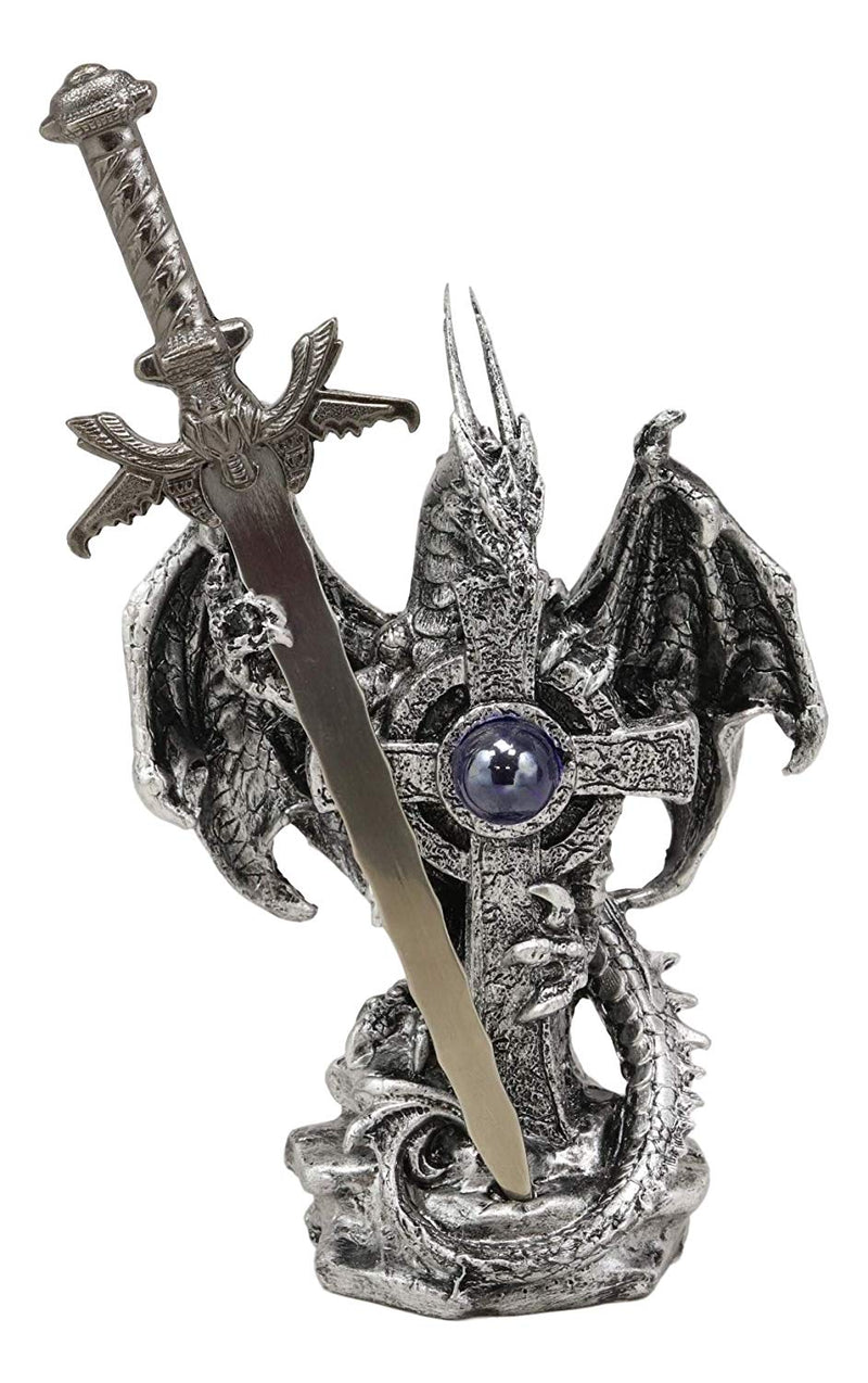 Ebros Gift Legendary Silver Dragon Guardian of The Celtic High Cross Letter Opener Figurine Sculpture Home and Office Decorative Sculpture Medieval Renaissance Dungeons and Dragons Fantasy