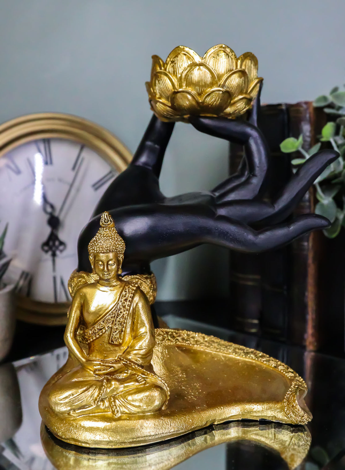 Golden Fire Buddha Meditating By Black Mudra Hand Lotus Votive Candle Holder