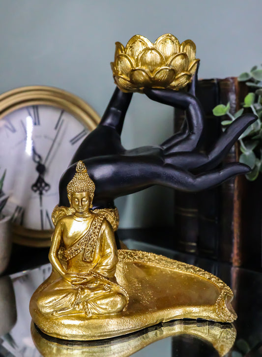 Golden Fire Buddha Meditating By Black Mudra Hand Lotus Votive Candle Holder