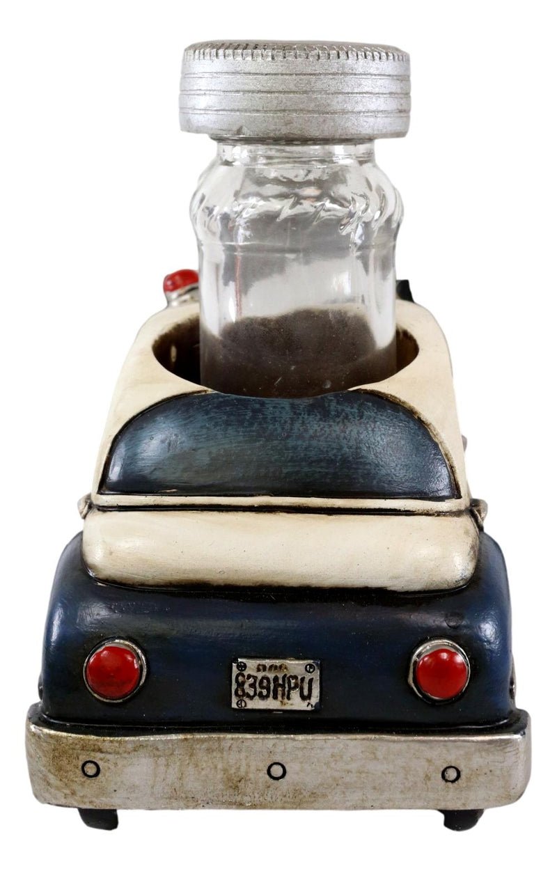 Vintage Blue Police Patrol Car Figurine Holder And Salt Pepper Shakers Set