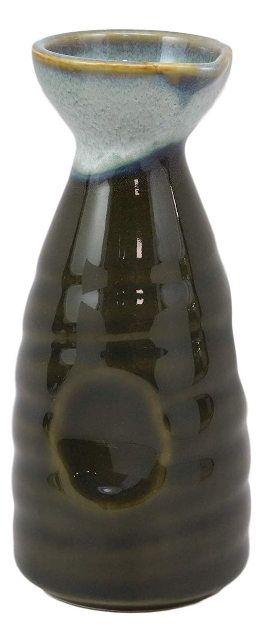 Glazed Ceramic Brown White Waterfall Japanese Sake Tokkuri Flask And 4 Cups Set