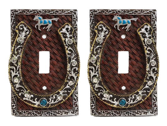 Set of 2 Western Horseshoe Turquoise Mustang Wall Single Toggle Switch Plate - Ebros Gift
