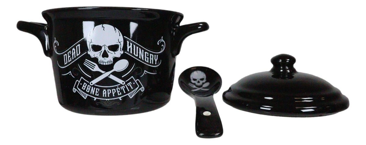 Macabre Dead Hungry Skull Bone Appetit Fine Bone China Bowl With Spoon And Lid - Ebros Gift