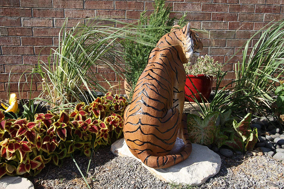 20"Tall Orange Bengal Tiger Raja Sitting On Guard Decorative Garden Statue - Ebros Gift