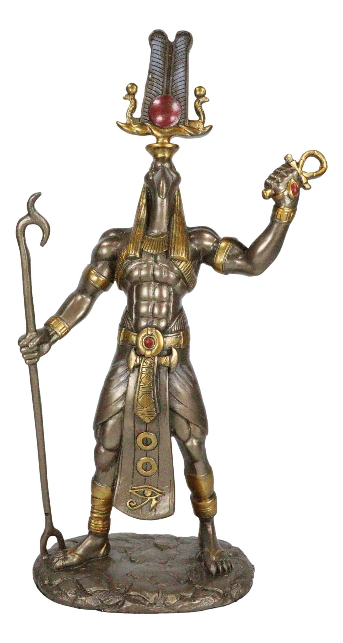 Bronzed Egyptian God Of Technology Ibis Headed Thoth Holding Was And Ankh Statue